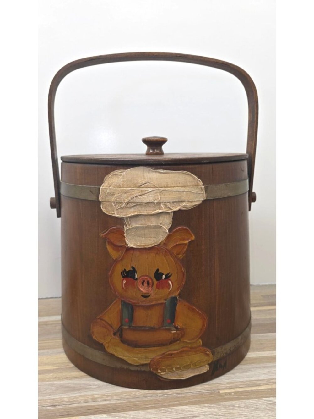 Vintage Firkin Sugar Wood Bucket w Lid & Handle Painted Pig Design Basketville